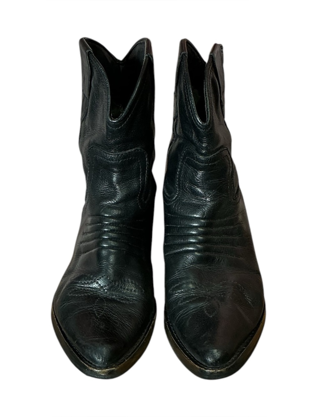 Vintage Black Leather Point Toe Cowboy Boots with Stitch Design